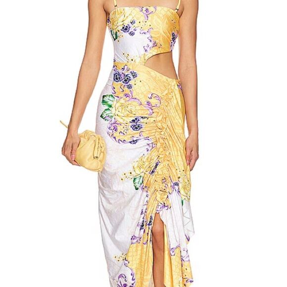 Agua Bendita Dresses & Skirts - Floral Cutout Dress with Yellow and Purple Accents